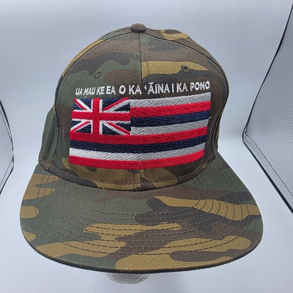 Otto Camo Snapback Hawaiian Flag Hat Green UA MAU KE EA O KA ΑΙΝΑ Ι ΚΑ ΡΟΝΟ - Picture 1 of 9
